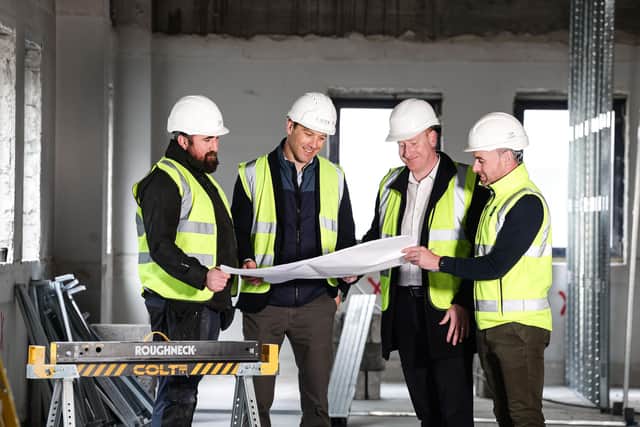 Construction work has officially commenced on Staycity Group’s first aparthotel in Northern Ireland, marking a major milestone for the 98-key development in the heart of Belfast city centre, which is scheduled to open for business in May 2027. Pictured is Connor McCann, Killowen Contracts, Aaron Spring, development director at Lotus Property, Paul Herbison, corporate manager at Danske Bank and Andrew Knapton, director at Killowen Contracts