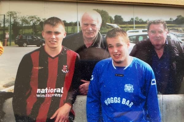 Stuart Dallas (L) playing for Crusaders and Marcus (R) at Coagh United with grandfathers Sammy and Jimmy
