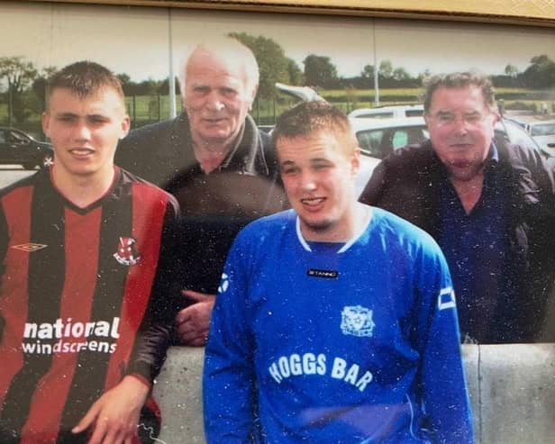 Stuart Dallas (L) playing for Crusaders and Marcus (R) at Coagh United with grandfathers Sammy and Jimmy