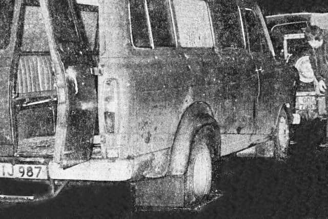 The bullet riddled minibus in which the murdered workers were travelling stands at the side of the lonely country road where the massacre occurred at Kingsmill outside Whitecross in 1976. Ten protestant workmen were shot dead by the Provisional IRA.