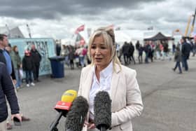First Minister Michelle O'Neill speaks to the media at the Balmoral agricultural show at Balmoral Park
