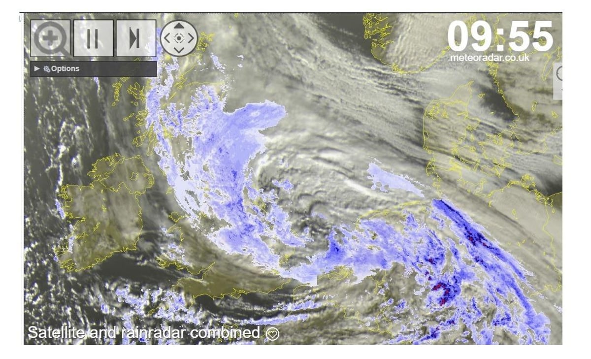 Look at the heavy rain across northern Europe and Britain but not Northern Ireland ... yet