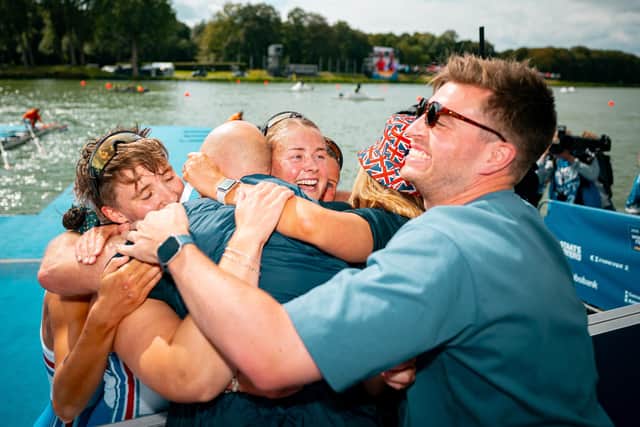 Celebration time for Coleraine's Hannah Scott (right) and Finnola Stratton (left) following Great Britain winning World Rowing Championships silver in the women's quadruple sculls. (Photo by British Rowing/Benedict Tufnell)