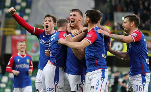 Linfield had plenty to celebrate at Windsor Park in a 2-0 derby defeat of Glentoran. (Photo by David Maginnis/Pacemaker Press)
