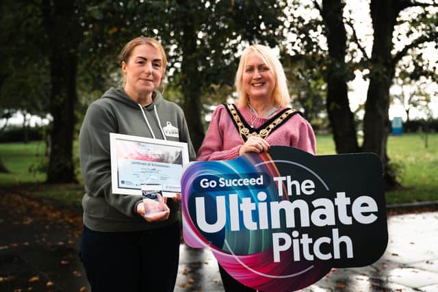 Entrepreneur Sharon Gault celebrates with Cllr Dawn Higgins, Mayor, Causeway Coast and Glens Borough Council, after winning the Causeway Coast and Glens Ultimate Pitch final, securing her place in the regional final with her business Kingsbarn Farm, which rears grass fed additive free meat
