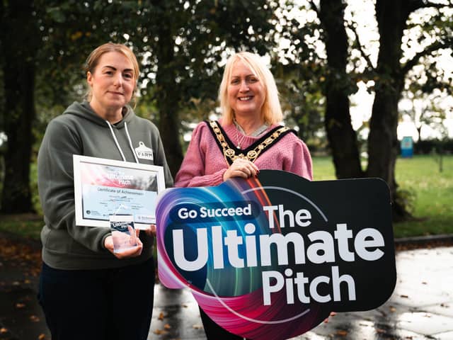 Entrepreneur Sharon Gault celebrates with Cllr Dawn Higgins, Mayor, Causeway Coast and Glens Borough Council, after winning the Causeway Coast and Glens Ultimate Pitch final, securing her place in the regional final with her business Kingsbarn Farm, which rears grass fed additive free meat