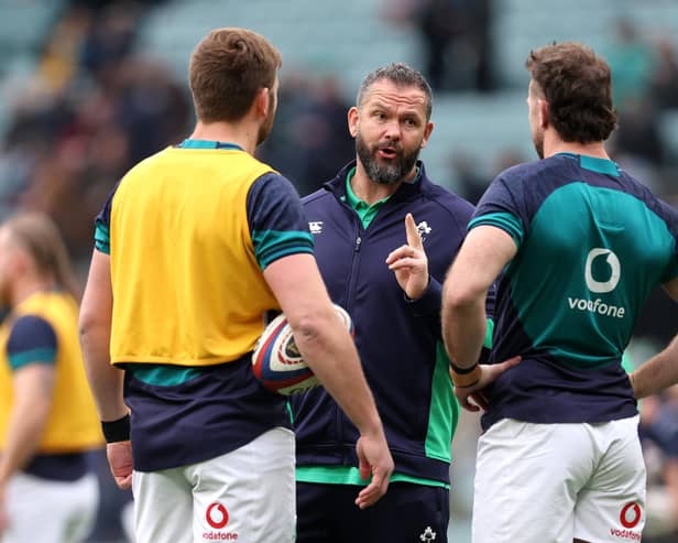 Ireland head coach Andy Farrell offering team instructions before Saturday's Guinness Six Nations loss to England at Twickenham. (Photo by Julian Finney/Getty Images)