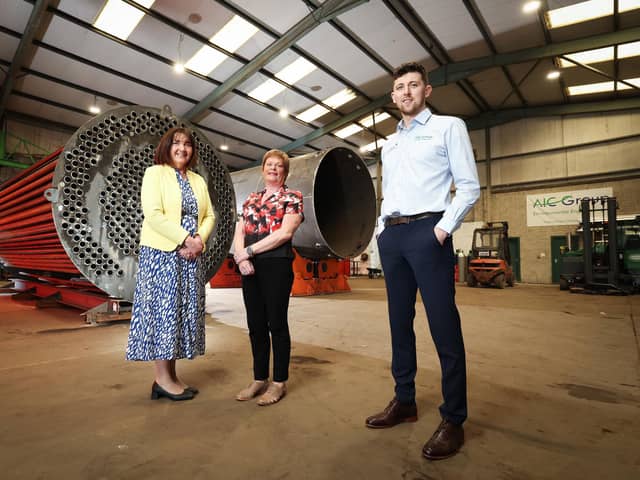 Armagh based AIC Group Limited, specialists in thermal treatment and waste to energy systems, has secured a prestigious contract with NHS England following an investment in research and development. Pictured are Ethna McNamee, Western regional office manager, Invest NI, Dr Vicky Kell, director of research & development, Invest NI and Conor Donnelly, technical sales director,  AIC Group Limited