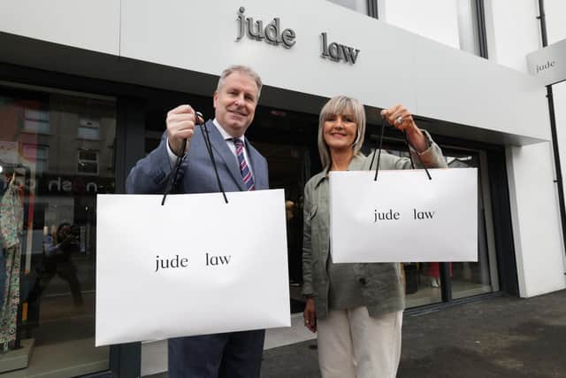 Magherafelt-based fashion retailer Jude Law Boutique has more than doubled the size of its store in the town after a successful period of growth, in an investment supported by Danske Bank. Pictured are Robert Lynn of Danske Bank and Jude Law, owner of Jude Law Boutique