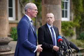 Northern Ireland Secretary Chris Heaton-Harris and Irish Foreign Affairs Minister Simon Coveney during a press conference at Hillsborough Castle last month