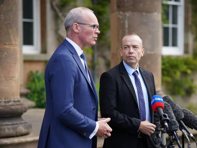 Northern Ireland Secretary Chris Heaton-Harris and Irish Foreign Affairs Minister Simon Coveney during a press conference at Hillsborough Castle last month