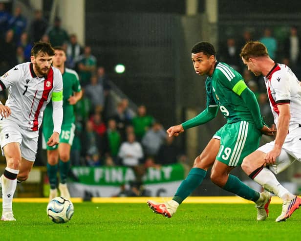 Shea Charles on show for Northern Ireland in Belfast against Georgia. (Photo by Andrew McCarroll/Pacemaker Press)