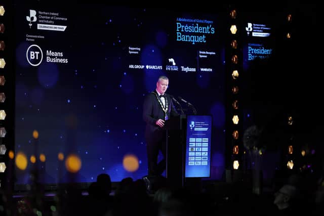 Cathal Geoghegan, president of Northern Ireland Chamber of Commerce and Industry addressed more than 900 business, political and civic leaders at the 2023 NI Chamber President’s Banquet in ICC Belfast. Picture by Kelvin Boyes / Press Eye.