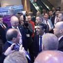 The prime minister Rishi Sunak, centre, and the Northern Ireland secretary, Chris Heaton-Harris, meet Northern Ireland Tories at the Heathrow Lounge in the Manchester Convention Centre for a reception by the NI Conservatives at the annual Tory conference. Pic by Ben Lowry, Tuesday October 3 2023