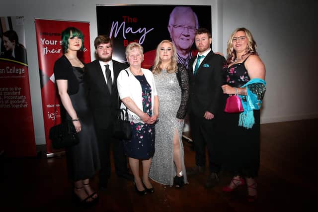 Baroness May Blood's family members at the Europa Hotel on Wednesday night. (L-R) Kathryn Stranaghan, Benjamin Stranaghan, Mary McFall, Heather Stranaghan, Mathew Mc Fall and Kenzie Mc Fall. Photograph by Declan Roughan