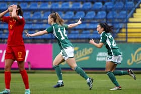Northern Ireland’s Lauren Wade celebrates scoring against Montenegro during Friday’s UEFA Women's Nations League play-off at the Gradski Stadion in Podgorica. PIC: William Cherry/Presseye