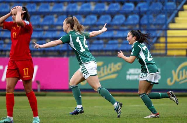 Northern Ireland’s Lauren Wade celebrates scoring against Montenegro during Friday’s UEFA Women's Nations League play-off at the Gradski Stadion in Podgorica. PIC: William Cherry/Presseye