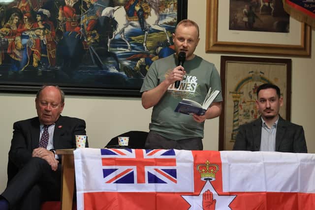 (left to right) TUV leader Jim Allister MLA, Jamie Bryson and Darrin Foster during a public meeting at Moygashel Orange Hall, on Thursday February 1, 2024. PA Photo.