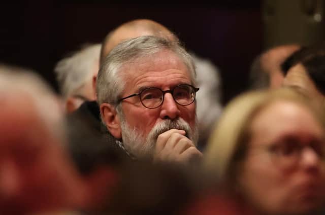 Former Sinn Fein President Gerry Adams listens during a rally for Irish unification organised by Pro-unity group Ireland's Future at the Ulster Hall in Belfast. Picture date: Wednesday November 23, 2022. PA Photo. See PA story ULSTER IrishUnity. Photo credit should read: Liam McBurney/PA Wire