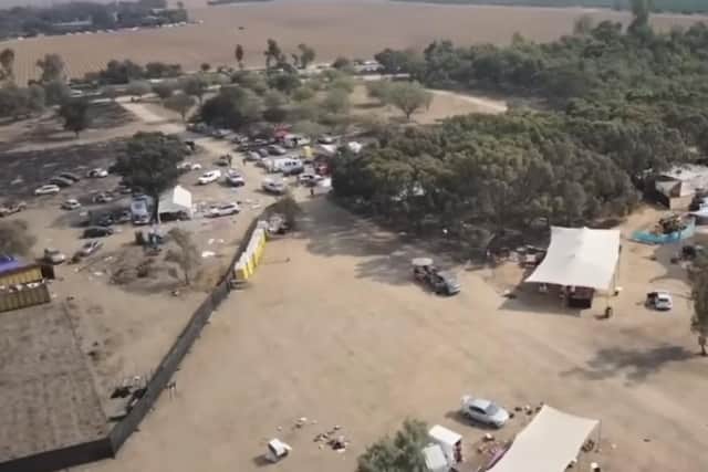 Aerial drone footage of the aftermath of the Nova music festival in southern Israel near Gaza on Saturday October 7 2023. It was attacked by Hamas terrorists at dawn as young people danced at sunrise. The festival goers fled across the desert but approaching 300 bodies have been found at the site. Some pictures, which are too horrific to publish, show bodies in tents at the festival. Drone footage as published in various publications such as The Guardian and Mail Online