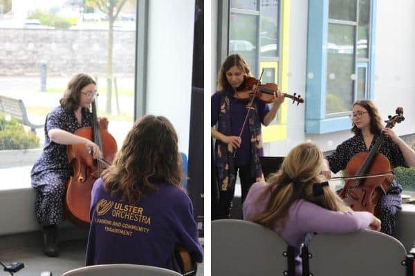 Patients enjoy the performance by Cecily Smith Nesbitt and Zuzanna Edmonds as part of the Ulster Orchestra music sessions, sponsored by Ulster Carpets.