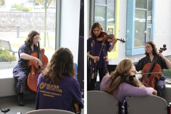 Patients enjoy the performance by Cecily Smith Nesbitt and Zuzanna Edmonds as part of the Ulster Orchestra music sessions, sponsored by Ulster Carpets.
