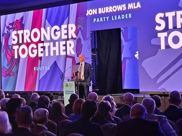 Jon Burrows addressing the Ulster Unionist Party conference in Belfast on Saturday.