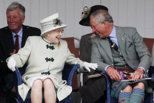 The Queen Elizabeth II and The Prince of Wales attend the Braemar Highland Games in Braemar, Scotland.:PA:King Charles lll