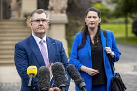Democratic Unionist Party (DUP) leader Sir Jeffrey Donaldson and MLA Emma Little-Pengelly speaking to the media following a meeting with the head of the Northern Ireland Civil Service, Jayne Brady, at Stormont Castle in Belfast. Picture date: Thursday August 17, 2023. Photo: Liam McBurney/PA Wire