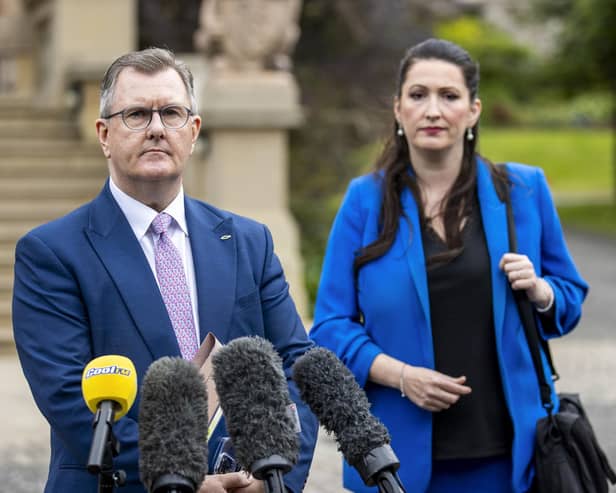 Democratic Unionist Party (DUP) leader Sir Jeffrey Donaldson and MLA Emma Little-Pengelly speaking to the media following a meeting with the head of the Northern Ireland Civil Service, Jayne Brady, at Stormont Castle in Belfast. Picture date: Thursday August 17, 2023. Photo: Liam McBurney/PA Wire