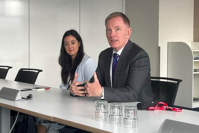 NI secretary Sir Chris Bryant with NIO junior minister Sarah Owen at a press conference in Belfast on Friday.