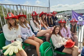 Cambridge House grammar school pupils in the stand overlooking the main arena at Balmoral Park. Back row from left, Jaylyn Hill, Samantha Forsythe, Libby Millar, Alisha McQuitty, Jessica Bell, Kris Harkness. Front row from left Katie Jamieson, Kirsty Rodgers, Hannah Spence. Pic by Ben Lowry