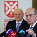 Former taoiseach Bertie Ahern and Senator George Mitchell (right) at an event to mark the 20th anniversary of the Good Friday Agreement, at Queen's University in Belfast.