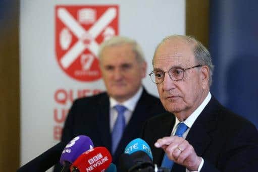 Former taoiseach Bertie Ahern and Senator George Mitchell (right) at an event to mark the 20th anniversary of the Good Friday Agreement, at Queen's University in Belfast.