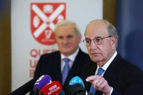 Former taoiseach Bertie Ahern and Senator George Mitchell (right) at an event to mark the 20th anniversary of the Good Friday Agreement, at Queen's University in Belfast.