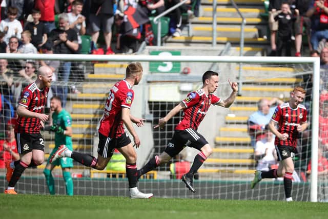 Crusaders' Paul Heatley celebrates his goal during the Irish Cup final against Ballymena United