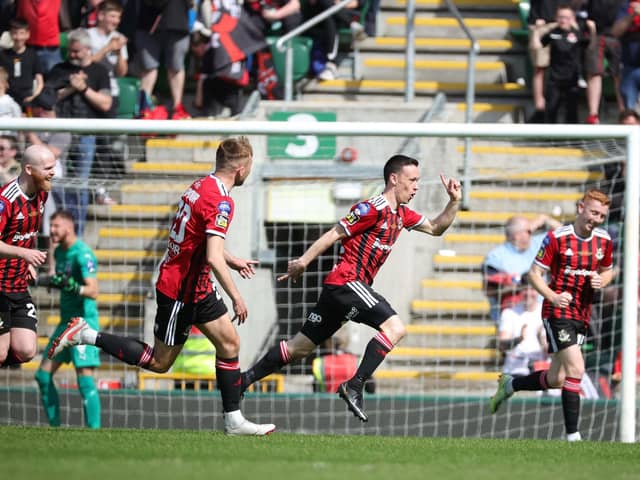 Crusaders' Paul Heatley celebrates his goal during the Irish Cup final against Ballymena United