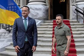 Ukraine's President Volodymyr Zelensky welcoming Taoiseach Leo Varadkar ahead of a meeting at Horodetskyi House, in Kyiv, Ukraine. Mr Varadkar has said he does not think the Irish Government would offer condolences to Russia in the event of Vladimir Putin's death. Photo: Clodagh Kilcoyne/PA Wire