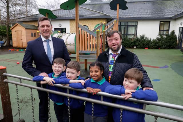 Harberton Special School’s plight to raise £100,000 for two replacement playgrounds has been backed by Oscar winning ex-pupil, James Martin, who was the first person with Downs Syndrome to win an Academy Award. James is joined by Harberton Special School principal, James Curran and pupils twins Tyler and Cody Pratchett from Ballymena, Mary Musa, Ormeau Road, Belfast and Lucas Wicklow from Finaghy, Belfast