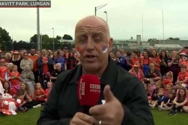 On 24 July BBC sports reporter Mark Sidebottom wore facepaint in the colours of the Armagh and Galway GAA teams during a preview of the All-Ireland final. Photo: BBC screengrab.
