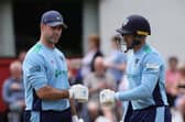 CSNI's Marc Ellison (left) batting with captain Stuart Thompson. (Photo by David Maginnis/Pacemaker Press)