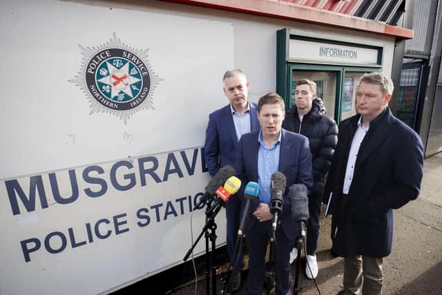 Sinn Féin TDs Matt Carthy (second from left) and Pearse Doherty (left), Sinn Féin MP John Finucane (right), and Lisburn and Castlereagh City councillor Declan Lynch (third from left) speak with the media at Musgrave Street police station in Belfast ahead of interviews with the Police Service of Northern Ireland