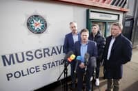 Sinn Féin TDs Matt Carthy (second from left) and Pearse Doherty (left), Sinn Féin MP John Finucane (right), and Lisburn and Castlereagh City councillor Declan Lynch (third from left) speak with the media at Musgrave Street police station in Belfast ahead of interviews with the Police Service of Northern Ireland