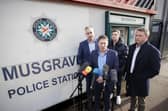Sinn Féin TDs Matt Carthy (second from left) and Pearse Doherty (left), Sinn Féin MP John Finucane (right), and Lisburn and Castlereagh City councillor Declan Lynch (third from left) speak with the media at Musgrave Street police station in Belfast ahead of interviews with the Police Service of Northern Ireland