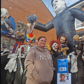 Lynn Nelson and the spooky pals in her front garden are raising money for suicide prevention charity PIPS. Photo: Iain Gray/News Letter