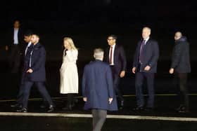 Prime Minister Rishi Sunak (third right) at RAF Aldergrove airbase in County Antrim, ahead of the arrival of US President Joe Biden for his visit to the island of Ireland. Picture date: Tuesday April 11, 2023.
