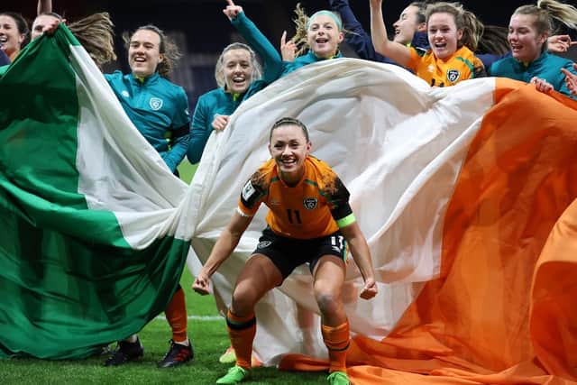 Katie McCabe of Republic of Ireland celebrates with teammates after their side qualifies for the 2023 FIFA Women's World Cup after victory during the 2023 FIFA Women's World Cup play-off round 2 match between Scotland and Republic of Ireland at Hampden Park on October 11, 2022 in Glasgow, Scotland. (Photo by Ian MacNicol/Getty Images)