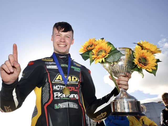 Richard Kerr celebrates winning the Sunflower Trophy race for the first time on the AMD Motorsport Honda at Bishopscourt. Picture: Stephen Davison