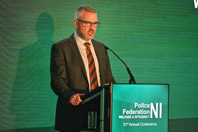 Liam Kelly addressing the PFNI annual conference 2023
