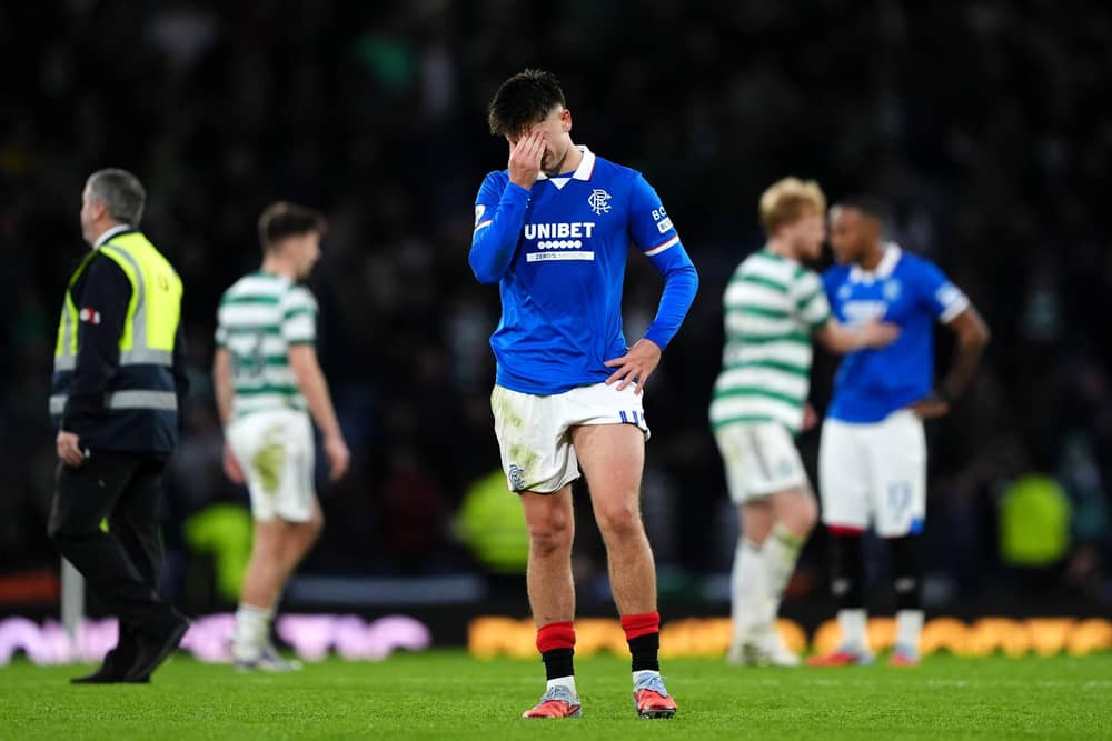 Rangers' Mikey Moore (centre) appears dejected following the Premier Sports Cup Semi-final defeat against Celtic at Hampden Park. (Photo by Andrew Milligan/PA Wire)